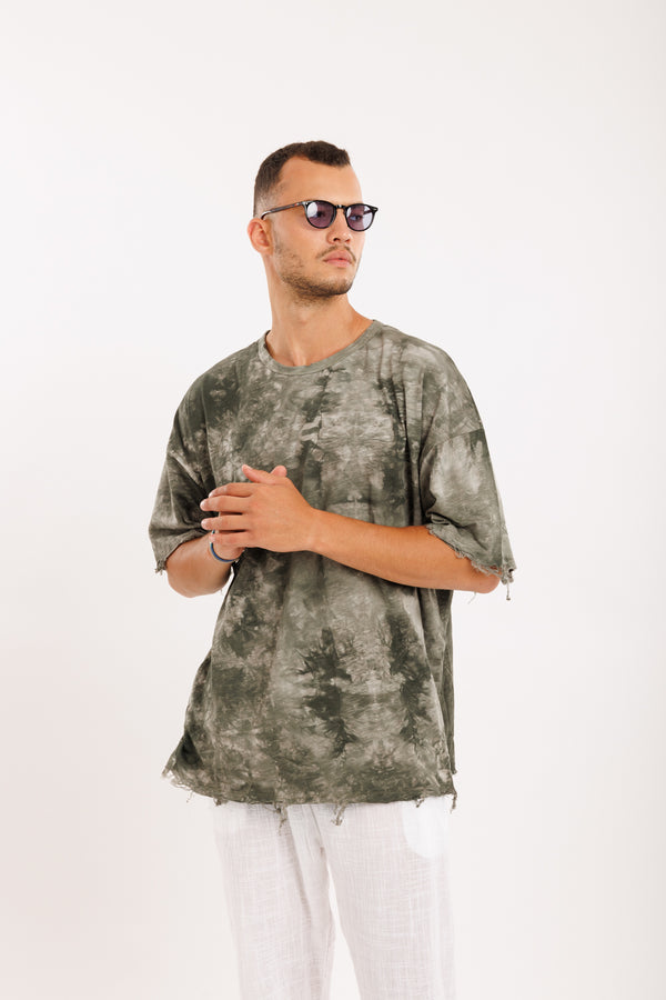 WASHED TIE DYE LINEN REPTED T - GREEN/WHITE